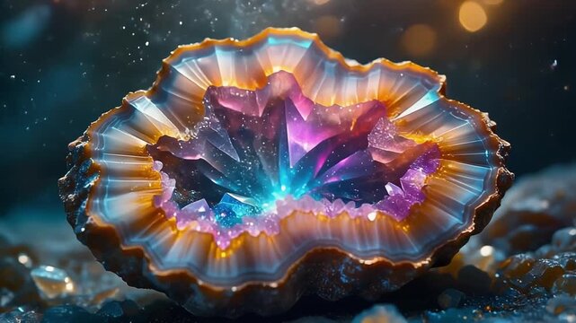 A stunning geode with vibrant, glowing crystals radiating light in a mystical, ethereal setting.