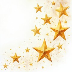 Fototapeta premium Golden five pointed stars watercolor illustration on white background with soft light and glitter. Many stars swirl and fall from top right corner down to bottom left.