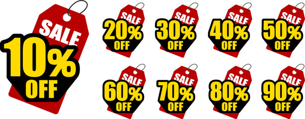 10％OFF、20％OFF、30％OFF、40％OFF、50％OFF、60％OFF、70％OFF、80％OFF、90％OFFのセールを表すディスカウントラベル　Discount Label SALE
