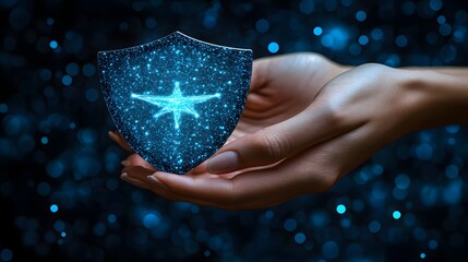 Human hands gently support a glowing, geometric protective emblem against a dark, sparkling background.