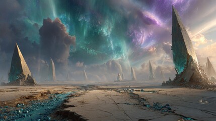 Alien Landscape With Pyramids Under Starry Nebula