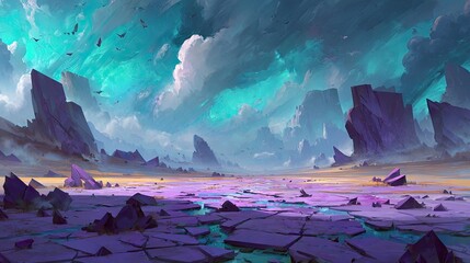 Colorful Alien Desert Landscape With Purple Rocks And Turquoise Sky