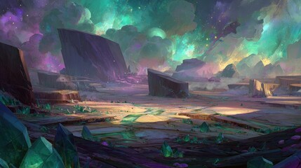 Colorful Fantasy Alien Landscape With Crystals And Stars