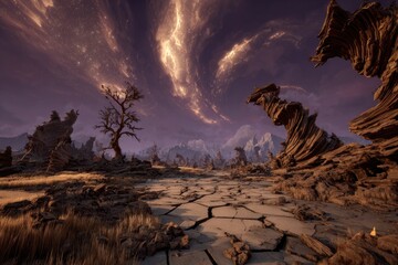 Alien Planet Landscape At Night With Starry Sky