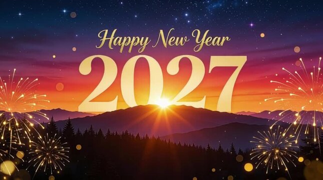 A breathtaking and festive New Year wallpaper featuring the text Happy New Year in elegant golden cursive script above a large, bold 2027 in the center. Happy New Year, New Year