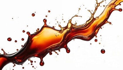 Dynamic shot presents splash of soy sauce. Liquid brown jet isolated on clean backdrop. Image suits for culinary projects. Design element with sauce flow on white surface is great.