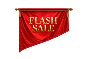 Flash sale banner on red velvet fabric, hanging flag with golden text for limited time discounts and special shopping offers