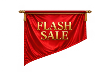 Flash sale banner on red velvet fabric, hanging flag with golden text for limited time discounts and special shopping offers