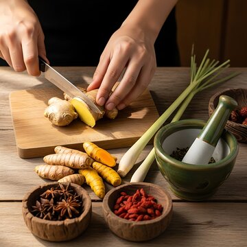 Hands meticulously preparing fresh ginger root, surrounded by diverse natural spices for wellness and health