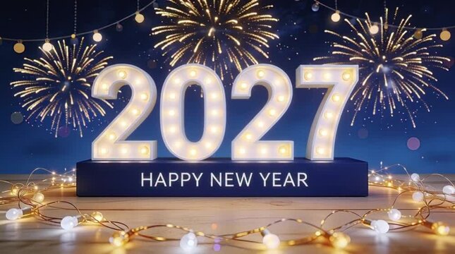 A festive, New Year's Eve composition featuring large, illuminated marquee-style numbers reading '2027'. Happy New Year, New Year