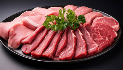 Sliced Raw Beef And Pork Arranged On A Dark Plate With Parsley Garnish