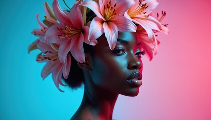 African girl wears lily flower crown in blue pink light. Woman poses with lilies in hair. Dark skin model promotes eco skincare, floral arrangement fashion trends. Girl portrait with creative makeup.
