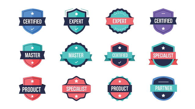 Vector illustration of various colorful certification badges and labels with words like with certified