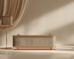 Gold Decorative Box And Lamp In Beige Room