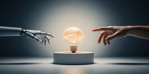 Ai learning machine robot brain network human light bulb technology innovation artificial intelligence tech science datum digital creativity merge in surreal concept vision