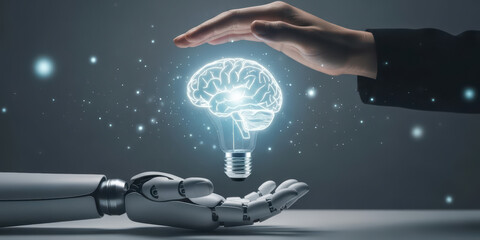 Ai learning machine robot brain network human light bulb technology innovation artificial intelligence tech science datum digital creativity glow