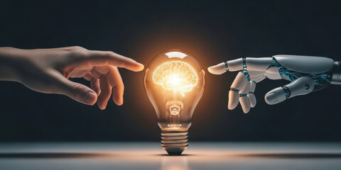 Ai learning machine robot brain network human light bulb technology innovation artificial intelligence tech science datum digital creativity glow concept connection