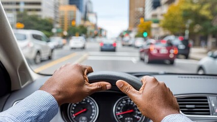 POV shot from inside a car, showing a person's hands on the steering wheel as they drive through city traffic. - Powered by Adobe