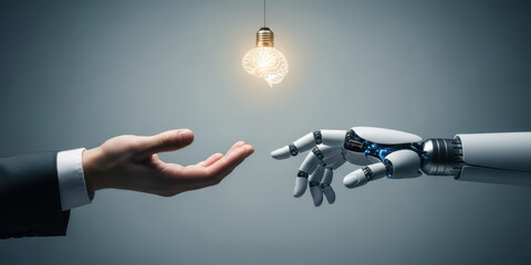Ai learning machine robot brain network human light bulb technology innovation artificial intelligence tech science datum digital creativity concept shows human hand reaching robot hand glowing