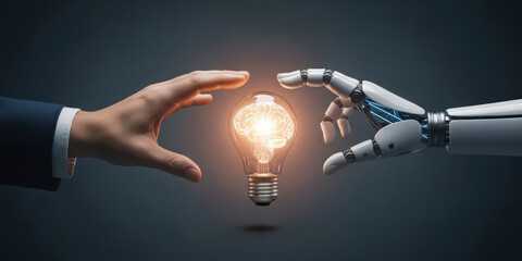 Ai learning machine robot brain network human light bulb technology innovation artificial intelligence tech science datum digital creativity glowing bulb between human hand and robotic arm symbol