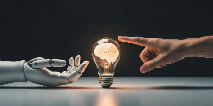 Ai learning machine robot brain network human light bulb technology innovation artificial intelligence tech science datum digital creativity spark connection in dark background - Powered by Adobe