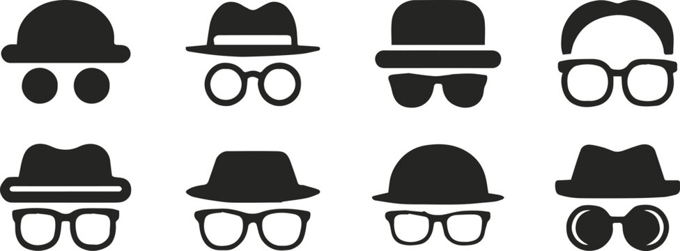 hat and glasses icon set minimalist silhouette vector pack