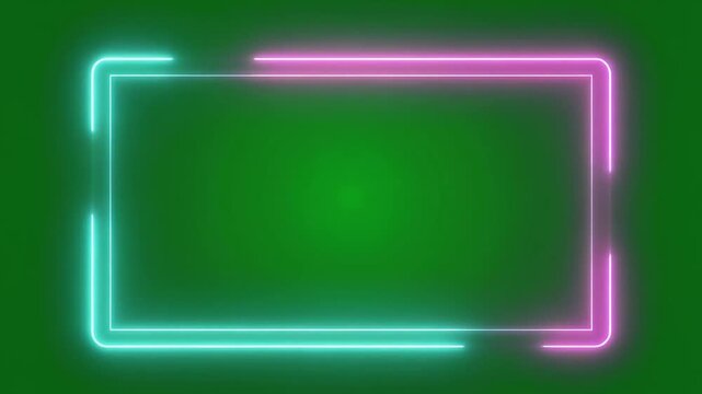 A vibrant neon rectangle frame with cyan and magenta lights on a green gradient background.