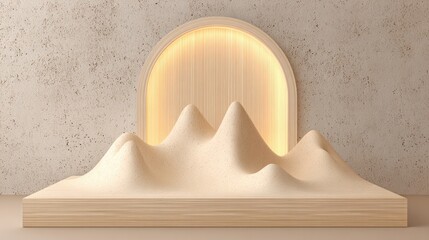 Beige Wooden Display Platform With Illuminated Arch And Mountains