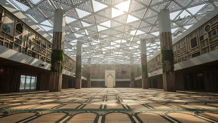 Grand modern hall interior with intricate floor patterns, natural light, and striking architectural columns