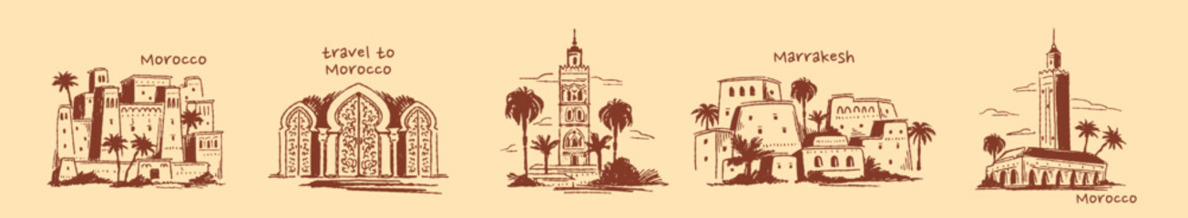 Travel to Morocco. Ink sketches of Marrakech tourist architectural landmarks. City street drawing with oriental ancient buildings. Hand drawn vector illustration collection isolated on background