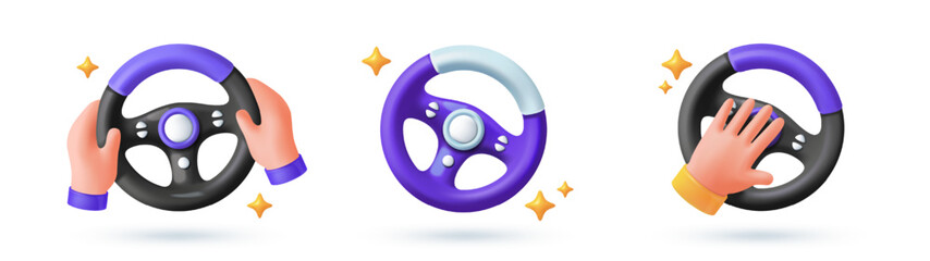 Steering wheel 3D icon set. Concept of driving, operating car and vehicle. Design elements for apps, websites, or games. Plasticine style vector illustration collection isolated on background