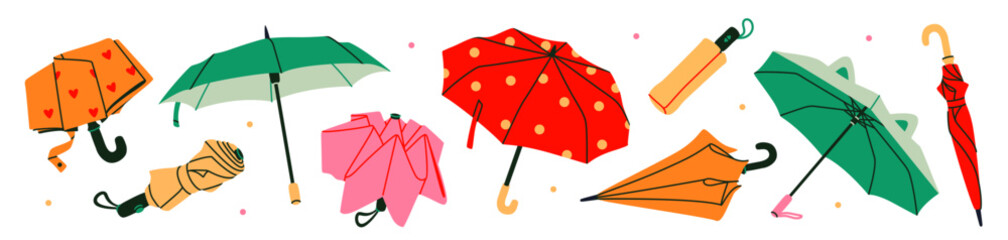 Set of umbrellas. Stickers with different colored umbrellas in open, closed, and folded positions. Rain protecting accessories with handles. Flat vector illustration collection isolated on background