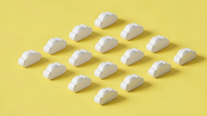 Organized array of white cloud icons forming a grid pattern on a bright yellow surface, symbolizing digital data and network connectivity