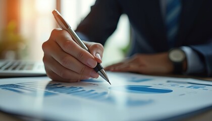 Businessman hand holds pen, marking financial data charts on paper. Analyzes budget report, makes important decision in office. Executive works with documents, studying graphs, numbers, planning