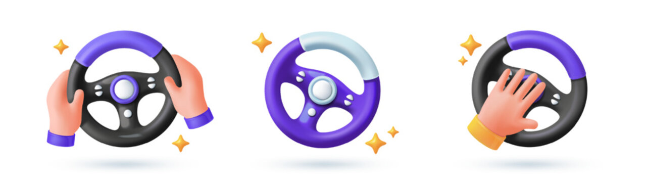 Steering wheel 3D icon set. Concept of driving, operating car and vehicle. Design elements for apps, websites, or games. Plasticine style vector illustration collection isolated on background