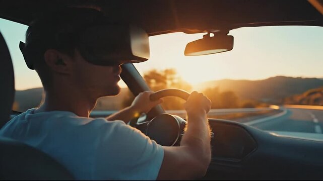 Man driving car wearing VR headset, sunset, technology, future concept
