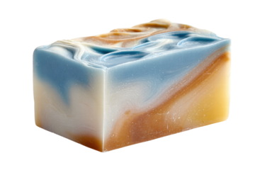 A bar of soap with a blue and white swirl pattern. The soap is rectangular in shape and has a light brown color, png	
