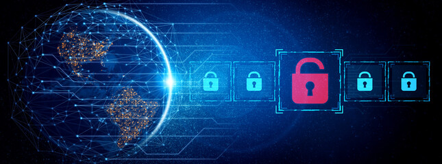Digital security concept illustrating a cybersecurity breach, with a red unlocked padlock indicating data exposure among secure systems, emphasizing system vulnerability and risk Vouch
