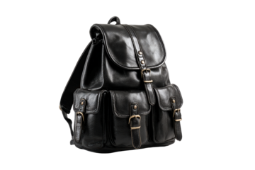 A black leather backpack with gold hardware. The backpack is sitting on a white background. The backpack is made of leather and has a gold buckle, png	
