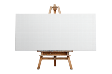 A white canvas with a wooden frame is on a stand. The canvas is blank and ready for painting, png	
