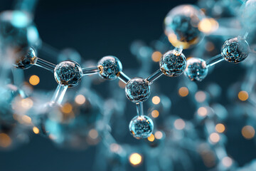 Abstract molecular structure with interconnected spheres and glowing elements, representing scientific research and innovation in chemistry and biology, showcasing intricate details and vibrant colors