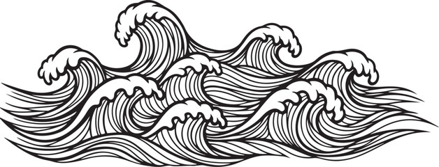 Black and white illustration of ocean waves crashing strongly