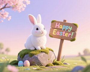 Cute white bunny on a mossy rock with Easter eggs, pastel colors, Easter illustration, soft and fluffy, surrounded by flowers and a wooden sign.