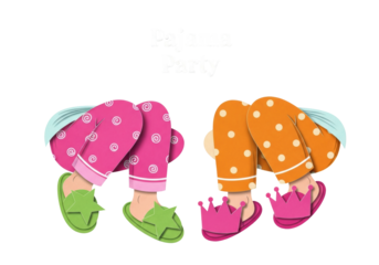 Layered paper-cutout illustration of children's lower legs in colorful patterned pajamas and star and crown slippers, crisp white background, whimsical slumber party environment