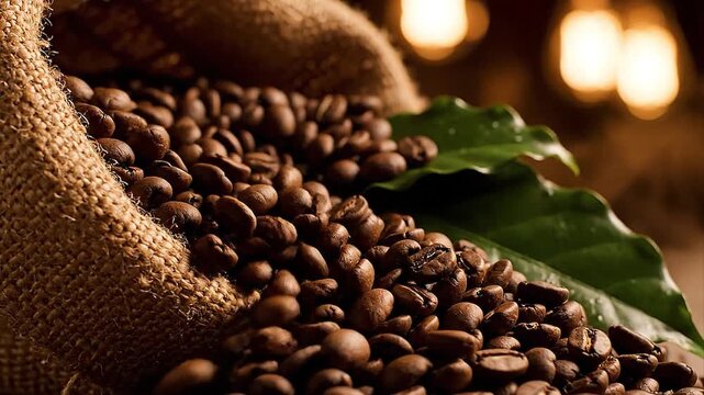 Roasted coffee beans spilling from burlap sack.