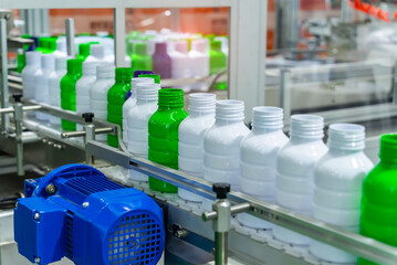 automatic conveyor line for the production of plastic bottles close-up