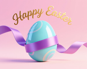 Easter illustration featuring a blue egg with purple ribbon in soft, pastel style, conveying festive and celebratory atmosphere.