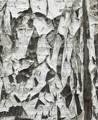 Weathered urban wall covered with torn paper posters creating a grunge abstract texture background with layered decay details. 