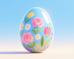 Easter illustration of shiny blue egg decorated with colorful flowers and leaves in a vibrant, digital art style, on a gradient blue background.