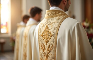 Three priests stand in a church wearing ornate white and gold vestments. They are in a row, seen from behind, with one priest in sharp focus. Sunlight streams in from a stained glass window.